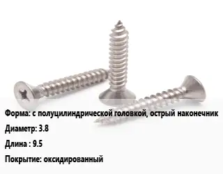 Саморез с полуцилиндрической головкой, острый наконечник D=3.8 L=9.5 оксидированный